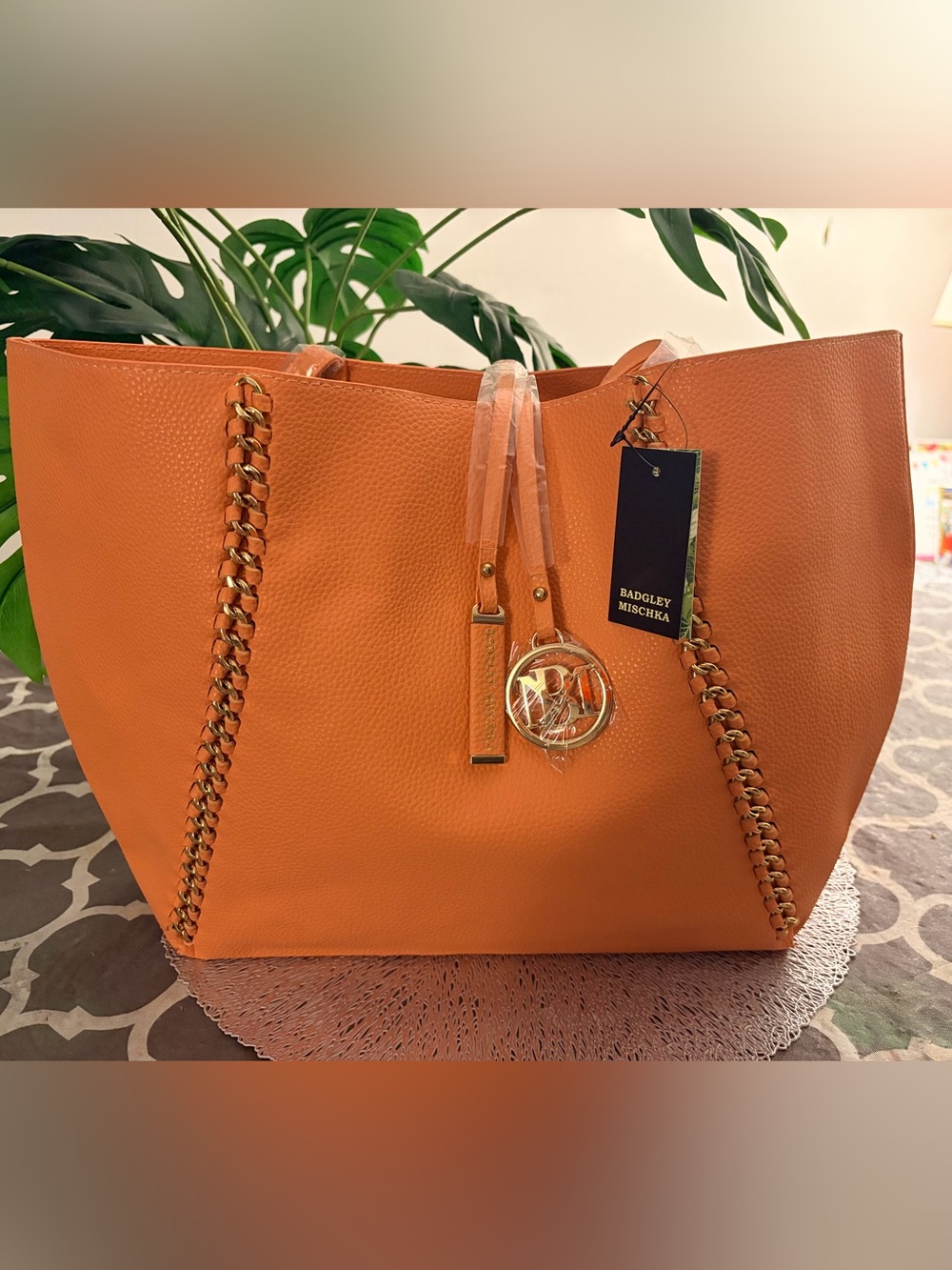 Badgley Mischka Coral Pebbled Tote Bag Gold Chain Accents - NWT